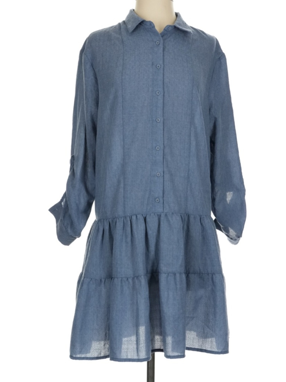 Lovestitch Chambray Blue Button-Front Tiered Tunic Dress Small Long Sleeve NWT